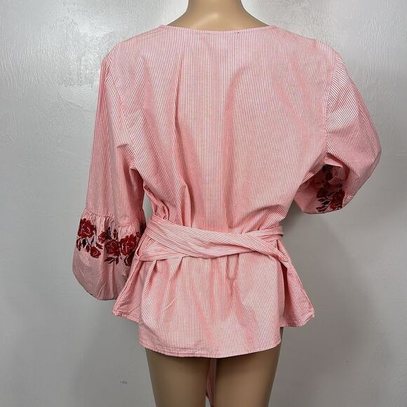 INC International Concepts Floral Embroidery Tie Waist Striped Blouse Top XL - Picture 5 of 10